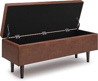 SIMPLIHOME Shay 48 inch Wide Mid Century Modern Square Mid Century Small Square Coffee Table Storage Ottoman in Distressed Saddle Brown Faux Leather, for the Living Room.