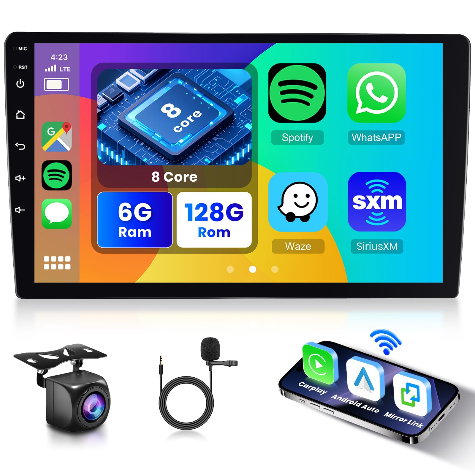 Hodozzy 6G+128GB Android 8-Core Radio 9 Pulgadas Carplay Pantalla Táctil Inalámbrica Android Auto con Navegación GPS, Bluetooth, DSP, Mirror Link, WiFi,USB,FM RDS,Cámara Trasera,Control del Volante