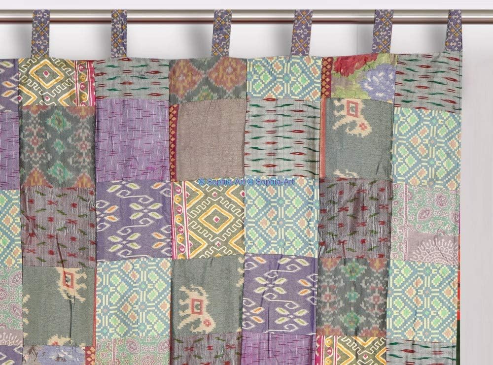 Sophia-Art 2 Pcs Set Indian Vintage Old Silk Blend Patola Sari Fabric Handmade Patchwork Door Window Rod Pocket Home Decor Drapes Panel Curtain Set (Gray Patch, 84"x42" Each Panel)