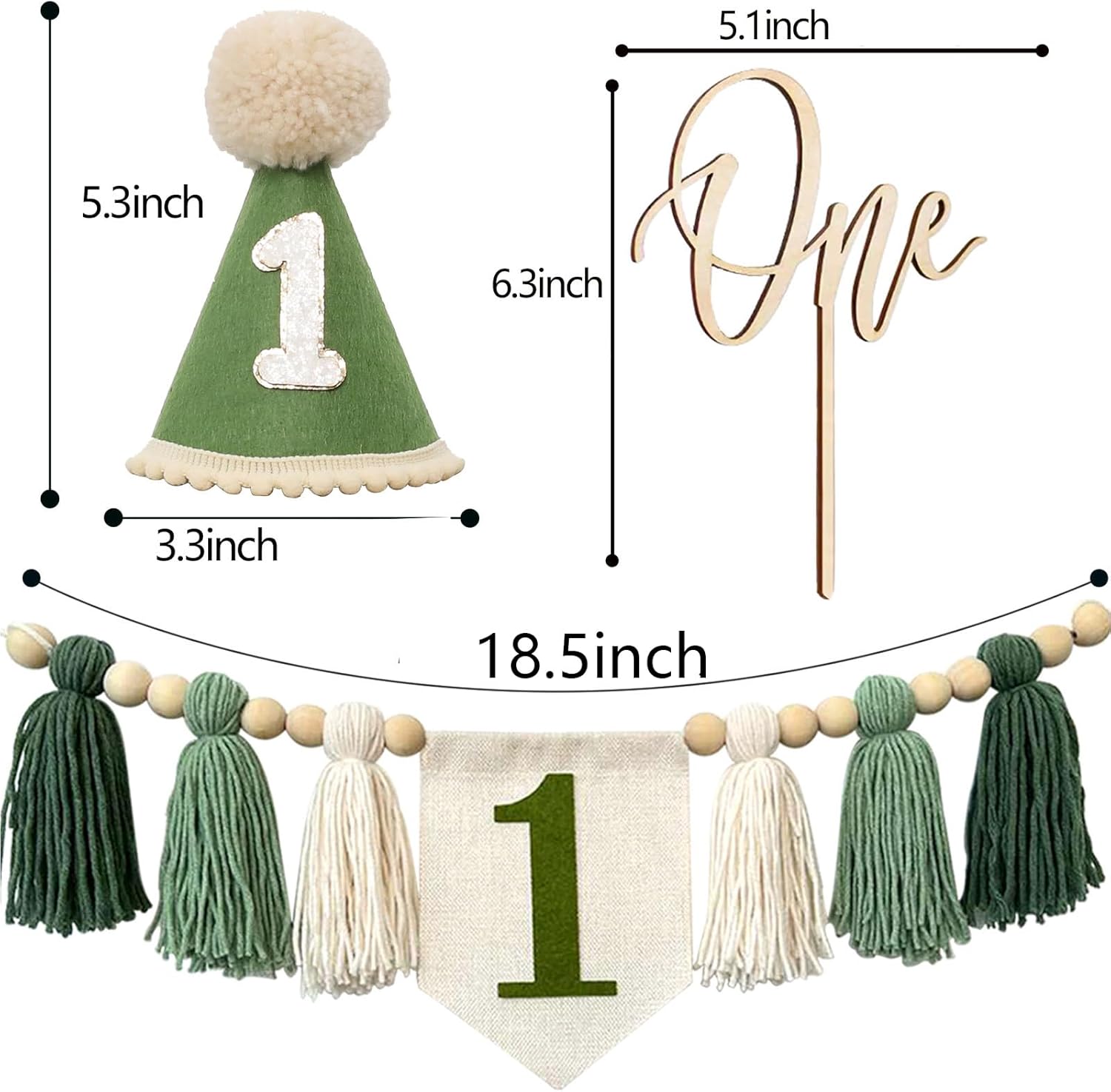Handmade Boho Green 1st Birthday High Chair Banner Decorations for Baby Boys First Birthday Hat With One Cake Topper Happy Birthday Photoshoot Props Photo Props - Image 6