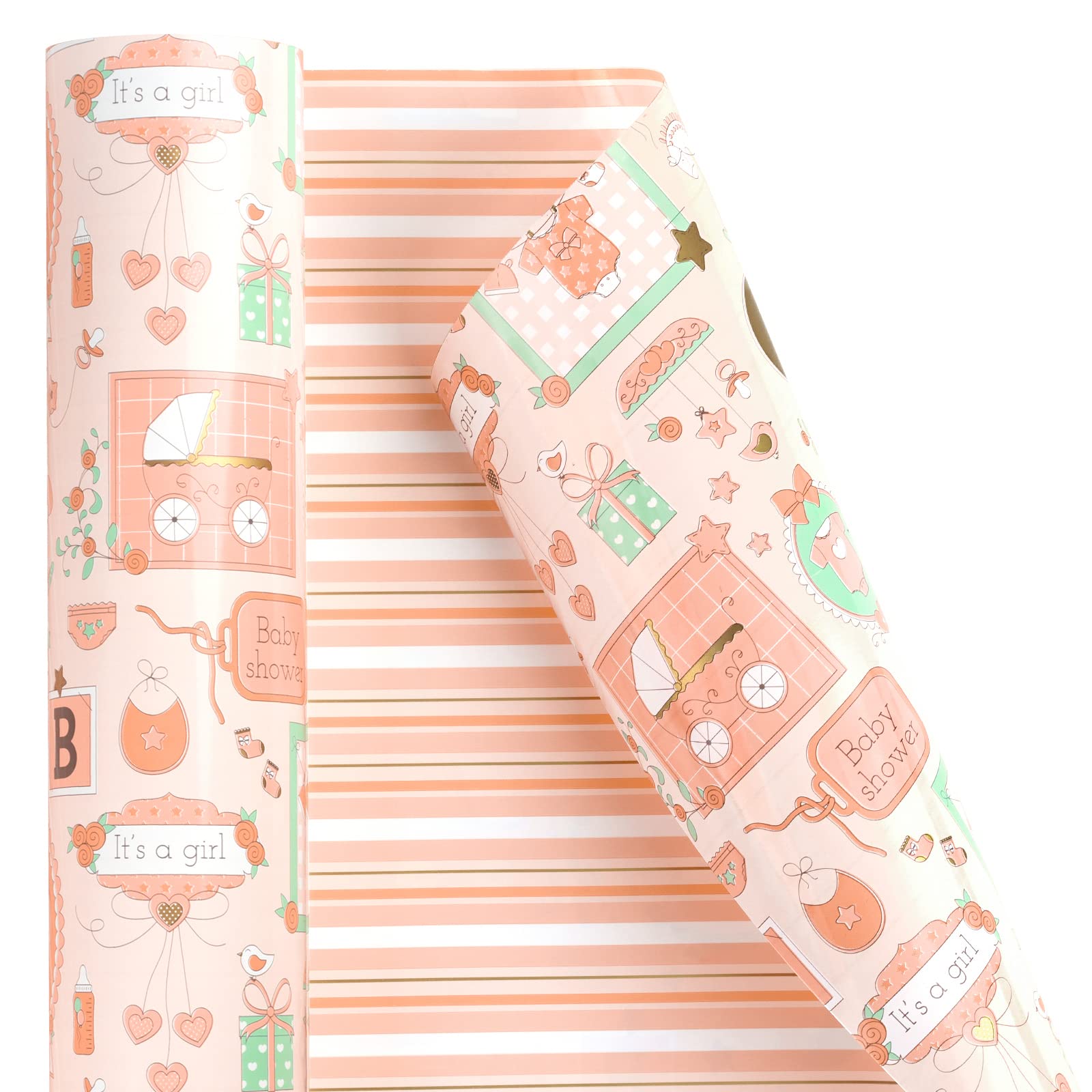 WRAPAHOLIC Papel de regalo reversible jumbo para niña – 30 pulgadas x 33 pies – Diseño de bebé niña y rayas para baby shower, cumpleaños, fiesta, vacaciones
