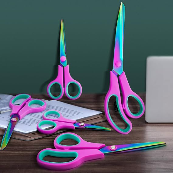CCR Stainless Steel Scissors With Color Titanium Plating, Comfort Grip for Families, Offices and Schools - Set of 5