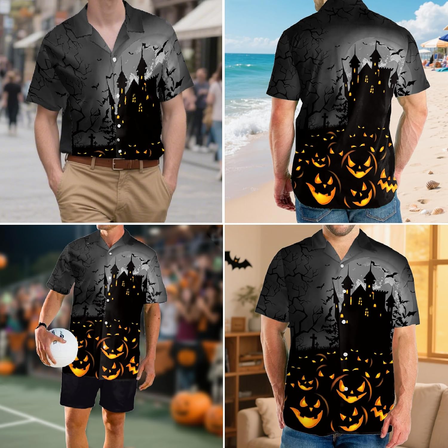 Eciodci Men's Halloween Button Down Shirt Pumpkin Skull 3D Printed Novelty Funny Short Sleeve Shirts for Men - Image 7