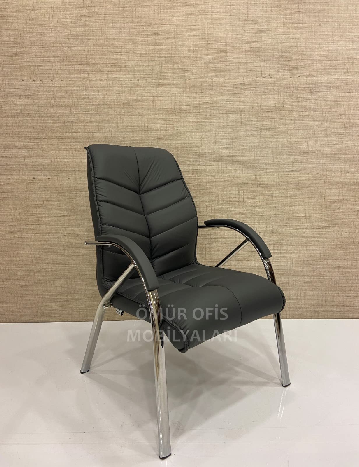 ÖMÜR OFİS SEMBOL KROM MİSAFİR/BEKLEME KOLTUĞU DERİ ANTRASİT