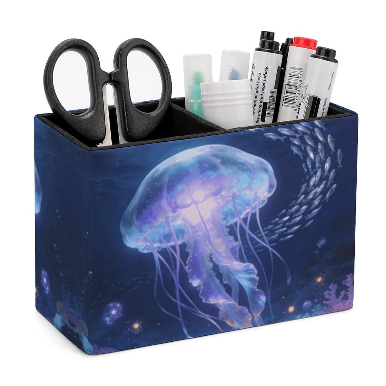 LZQPOEAS Exquisite Patterns PU Leather Pen Holder, Multifunctional Desktop Organizer Caddy with 2 Compartments, Ocean Pencil Cup Makeup Brush Holder for Office Home