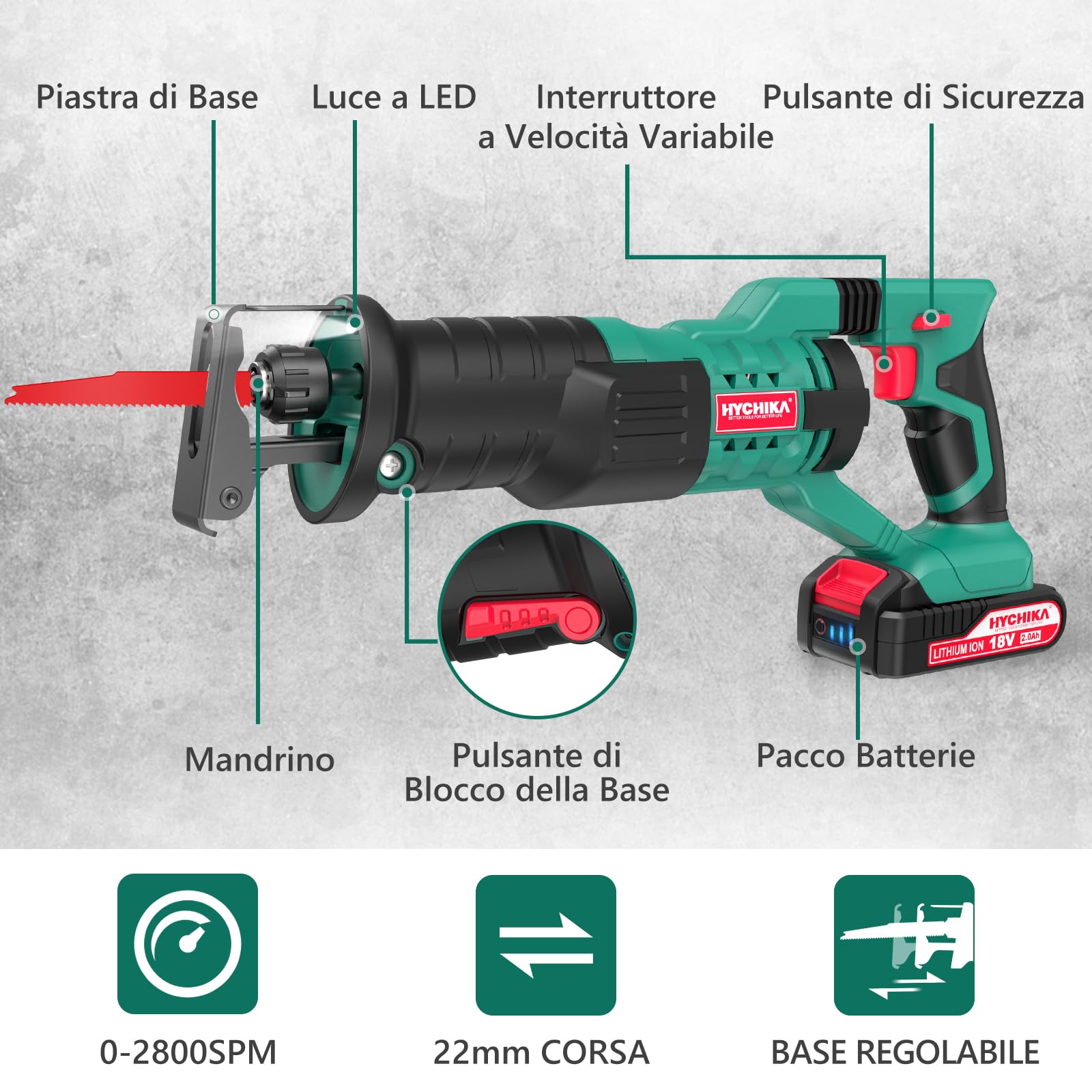 HYCHIKA Sega a Gattuccio, Seghetto A Batteria 18V, 2 batterie 2,0Ah, Velocità Variabile 0-2800 SPM, 2 Lame, Caricabatterie rapido, Luce LED, Adatto per Tagliare Legno e Metallo