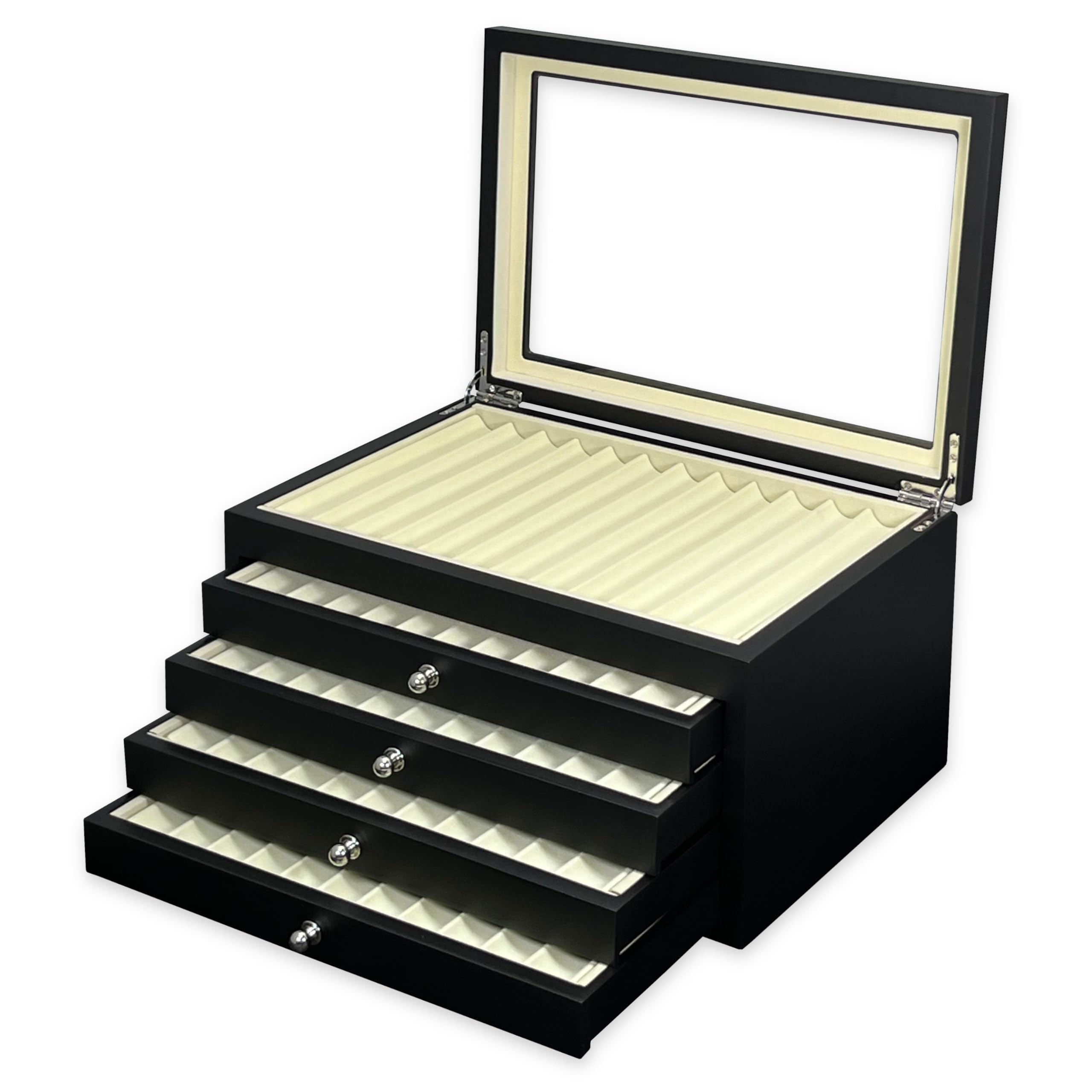 MR Maestro Relojero - Scatola Portapenne con vetrina per 56 penne in legno | Espositore penne stilografiche | Portapenne da esposizione | Raccoglitore collezioni | Nero, legno