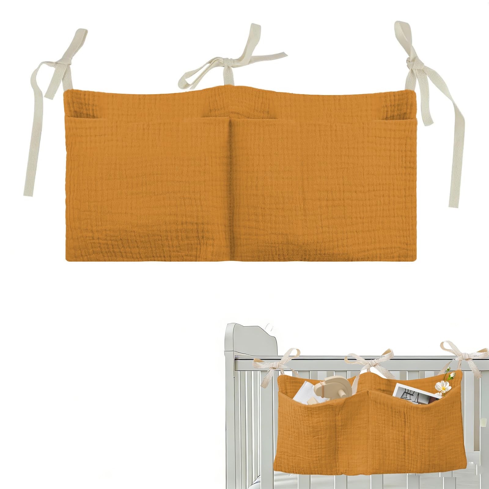 Aufbewahrungstasche für Bett,Babybett Organizer Hängend,Baby Kinderzimmer Organizer mit 2 Tasche,Weich und Atmungsaktiv zum Aufhängen für Windeln Kleidung Spielzeug Bett Organizer Kinderbett,Gelb