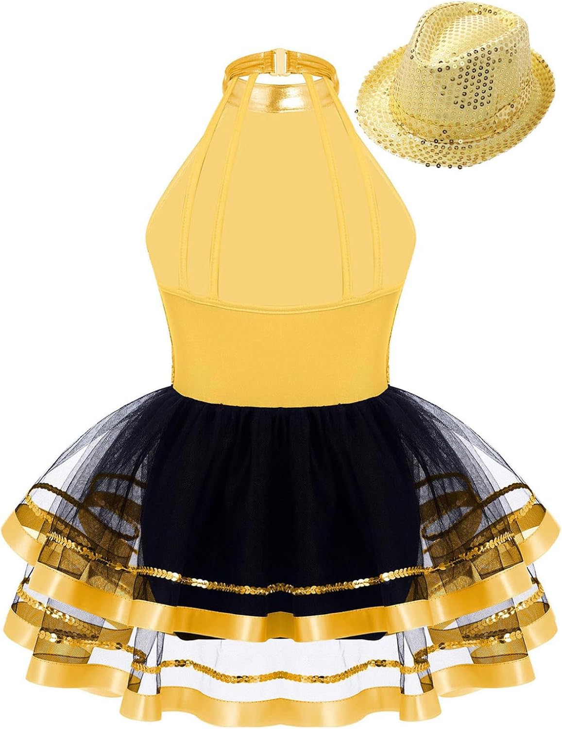 JEATHA Kids Girls Modern Jazz Latin Tap Dance Costume Shiny Sequins Halter Neck Ballet Tutu Dress with Hat Set Dancewear