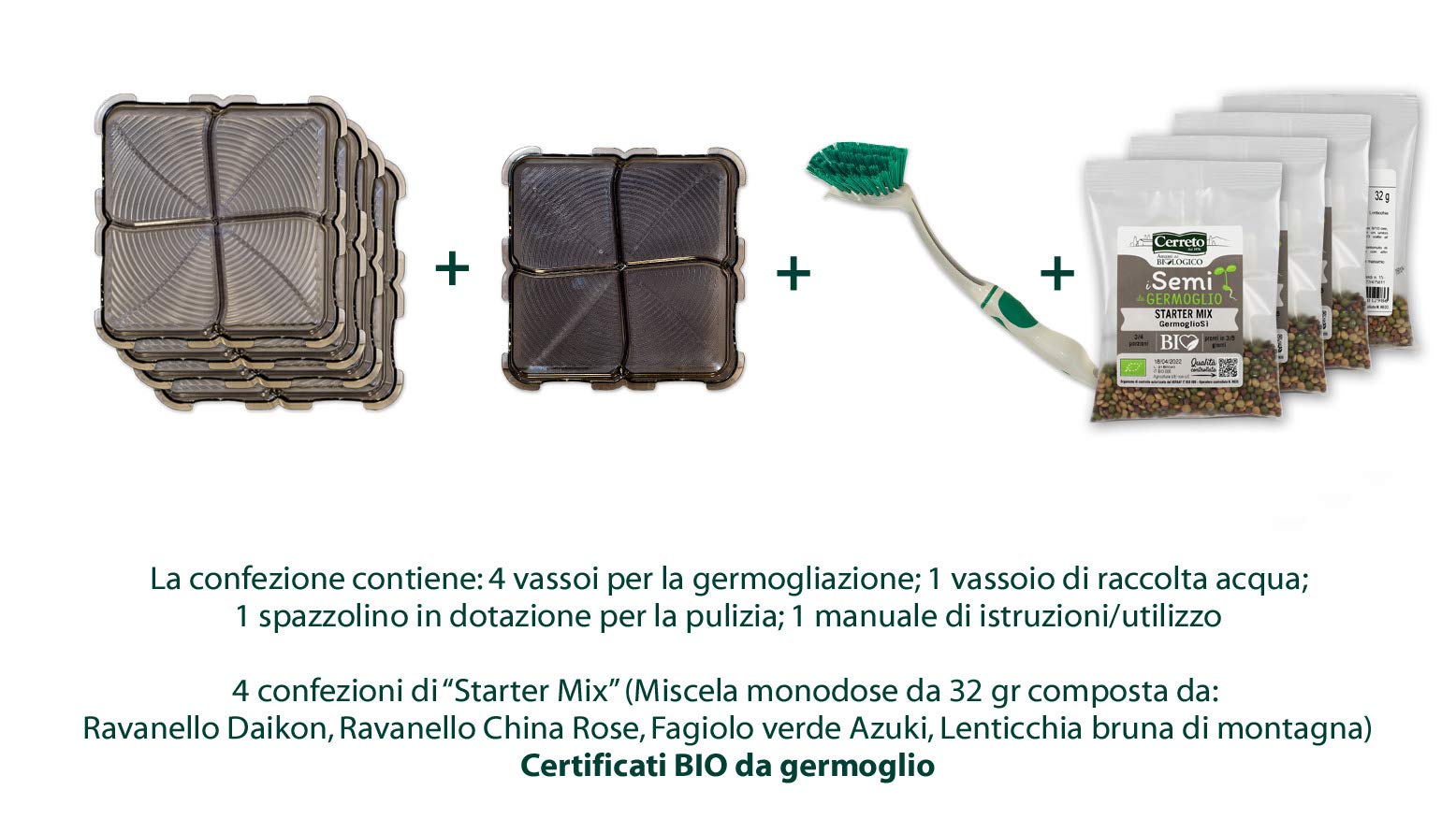 GermoglioSì Germogliatore De Luxe per Semi BPA Free + 4 Confezioni Mix di Semi (32gr.), Innovativo Multifunzione Brevettato a 5 vassoi