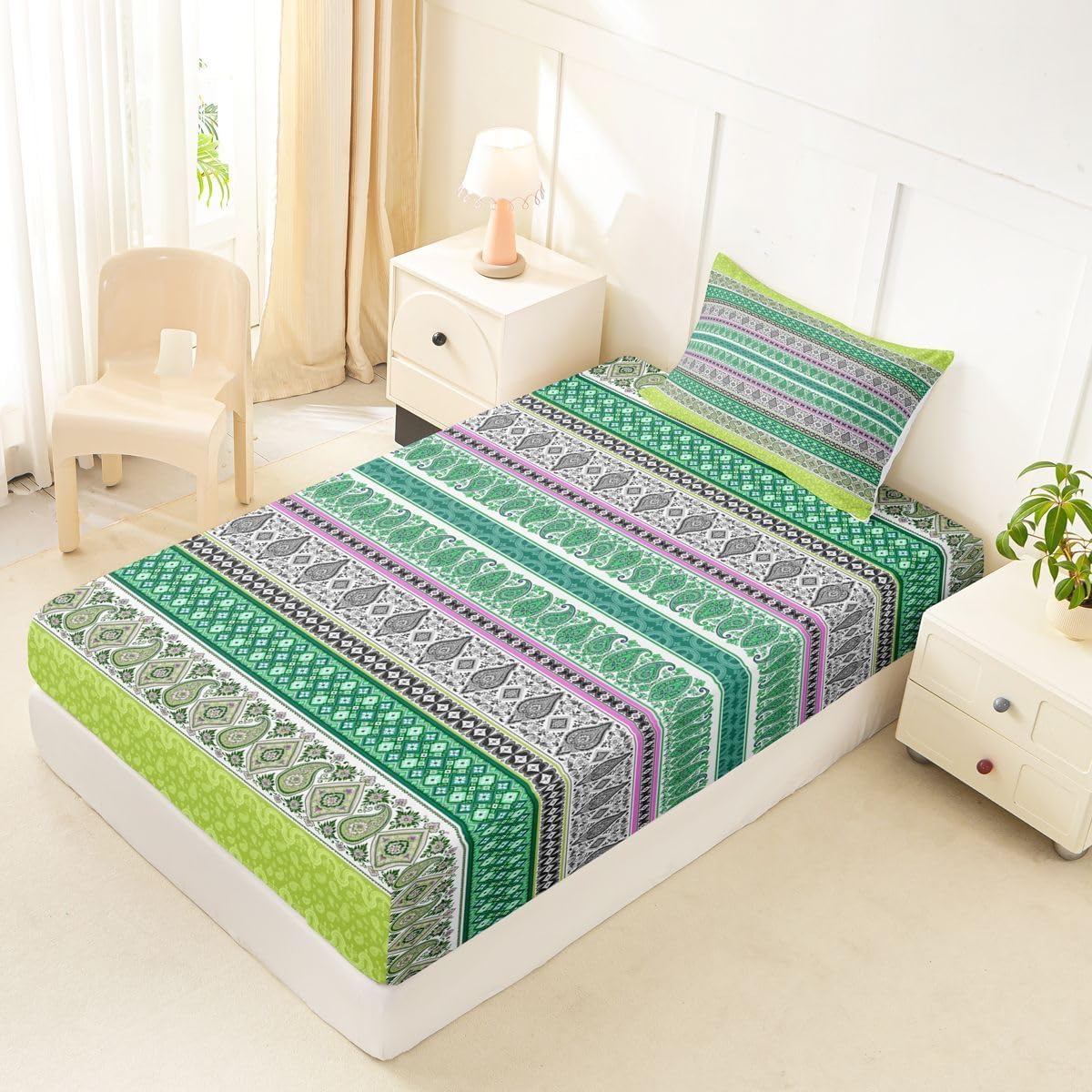 Erosebridal Boho Striped Fitted Sheet Set Twin Size for Boys Girls