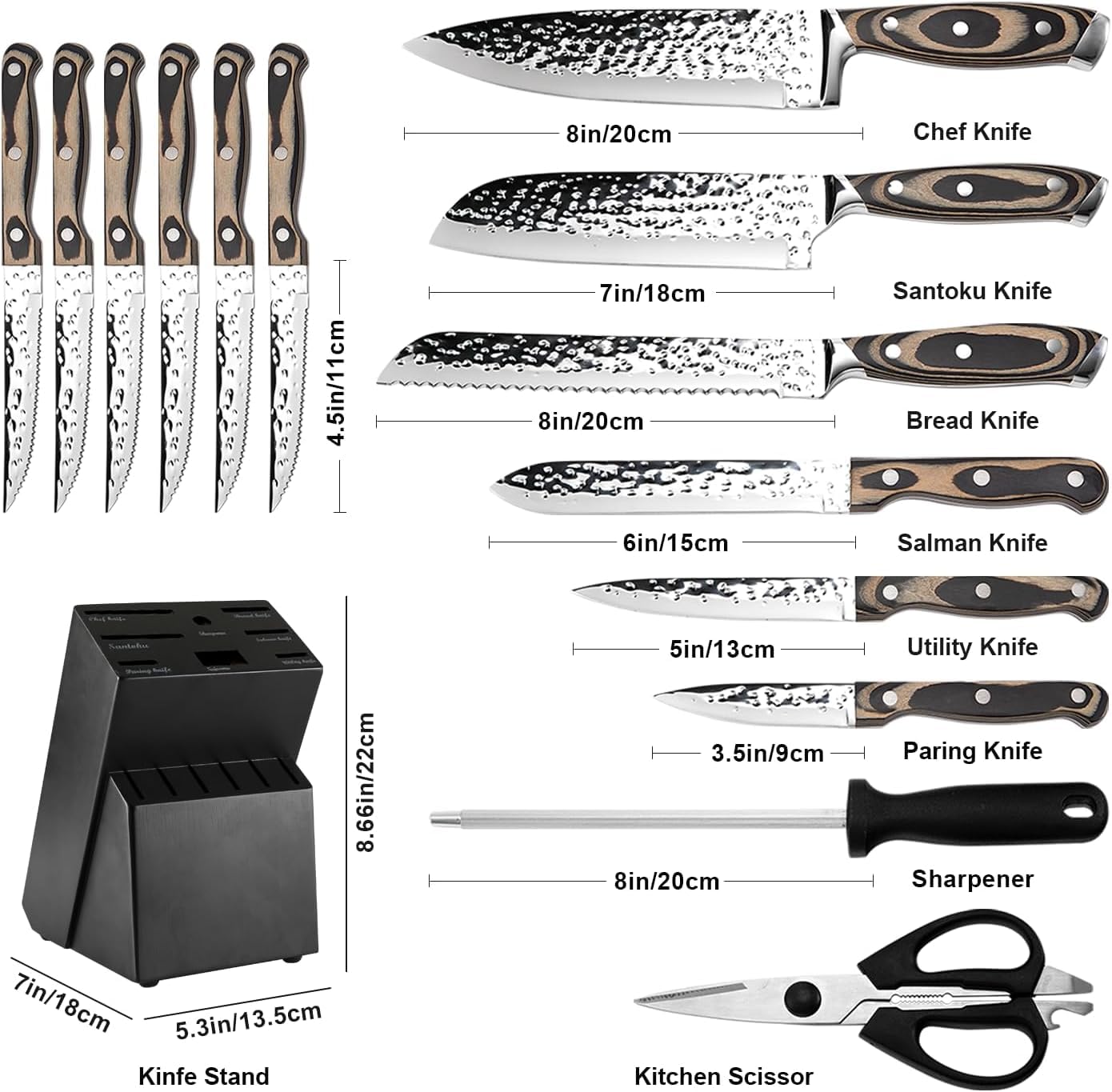 Messerblock mit Messer 15-teilig, Rostfreier Spezialstahl Ultra Scharf, Profi Allzweck Küchen Messerset mit Steakmesser, Brotmesser, Küchenschere & Messerschärfer, Naturholzfarben Holz Griff