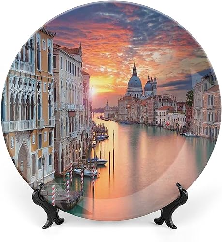 Plato decorativo de 6 pulgadas, cerámica urbana de cerámica con diseño de paisaje urbano, Gran Canal in Venice Horizon European Town para colgar en