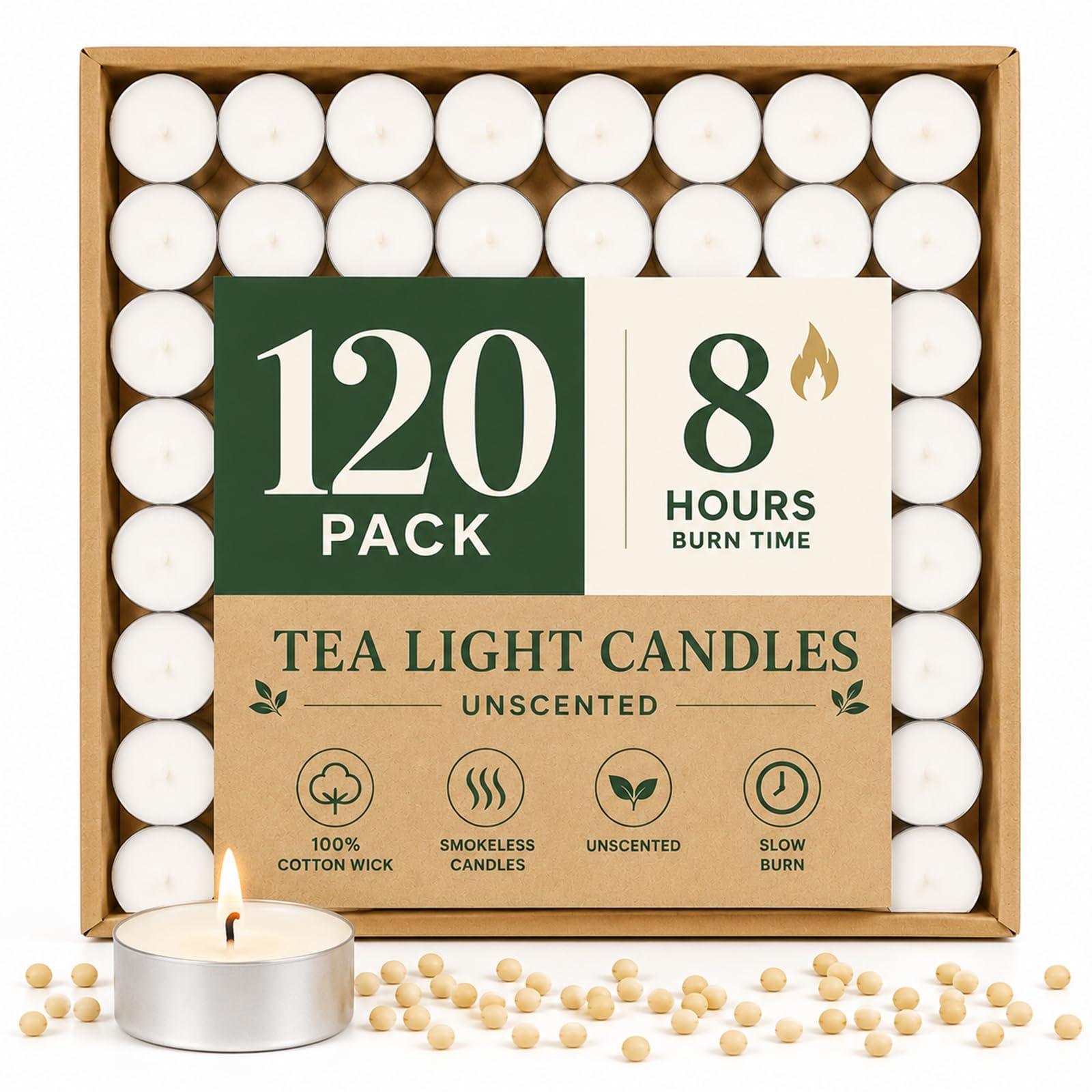 8 Hour Tea Lights Candles High Burn Soy Wax Tealights,120 Pack Unscented White Tea Candles in Aluminum Cups,Paraffin-Free for Weddings,Home Decor,Emergency & Food Warming(3.9x2.4cm)