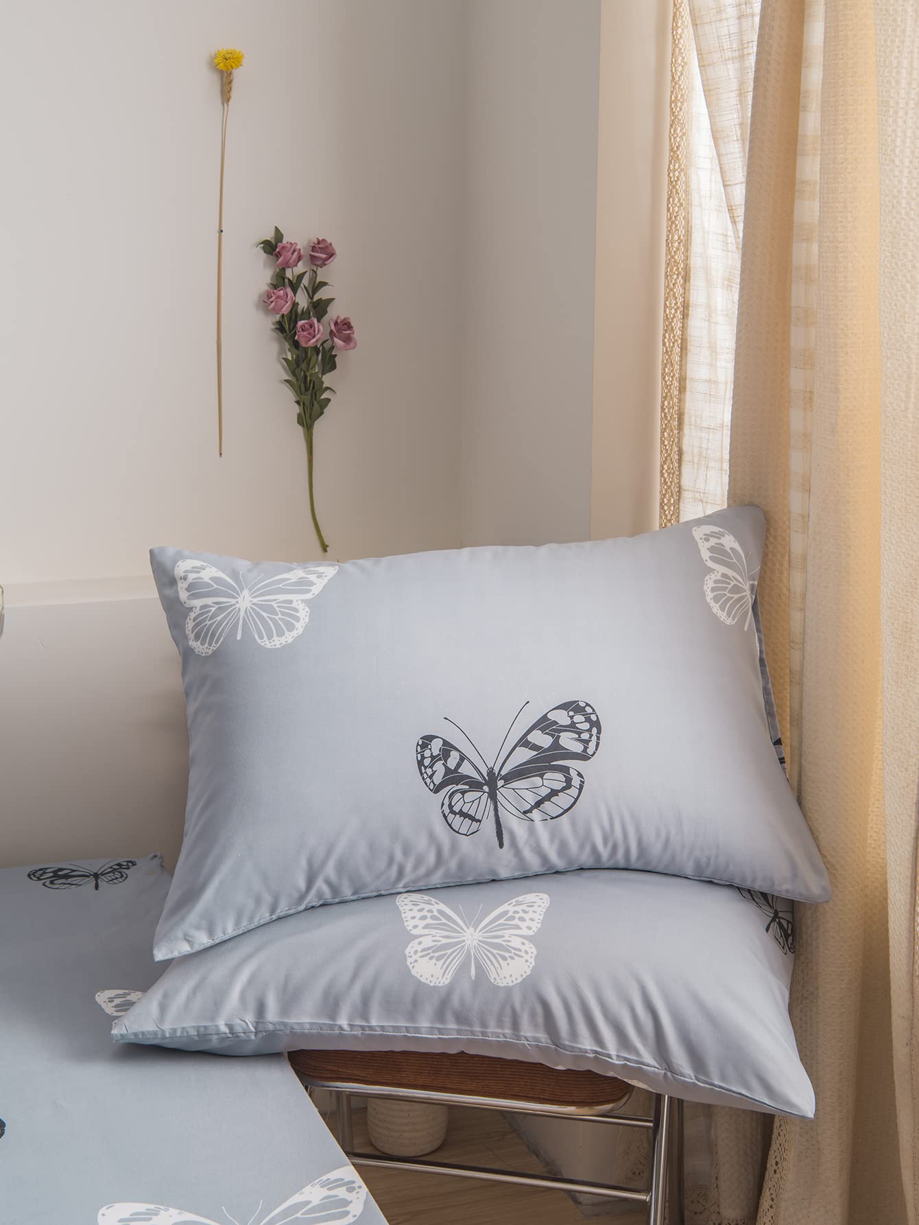 Butterfly Pillow Cases Queen Size Pillowcases Set of 2 Blue Black White Butterflies Printed on Blue Pillow Cover Kids Girls Home Decor Pillow Cases(Queen, 20x30 Inches)