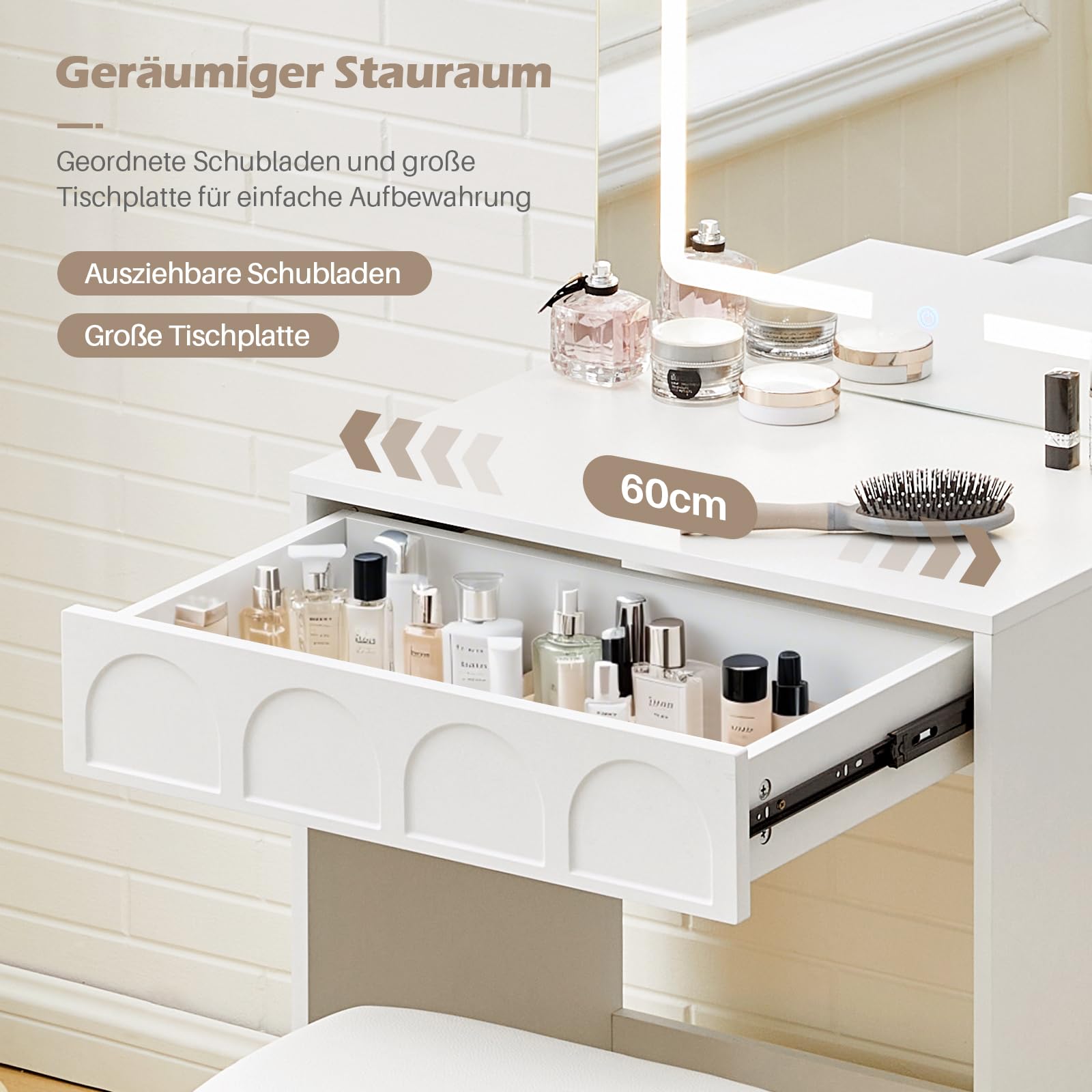 TUKAILAI Schminktisch mit Beleuchtung, Schminktisch Klein mit Spiegel, 60cm Breit Platzsparende Schminkkommode, Kosmetiktisch für Wohnung, kleines Zimmer, Weiß
