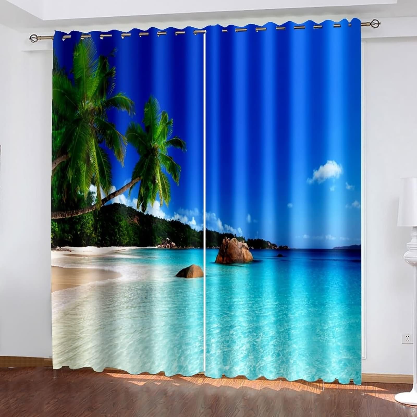 Zasłona okienna na poddaszu, zasłony do salonu niebieski zielony drzewo palmowe i plaża morska poliester 2 panele 264x244cm