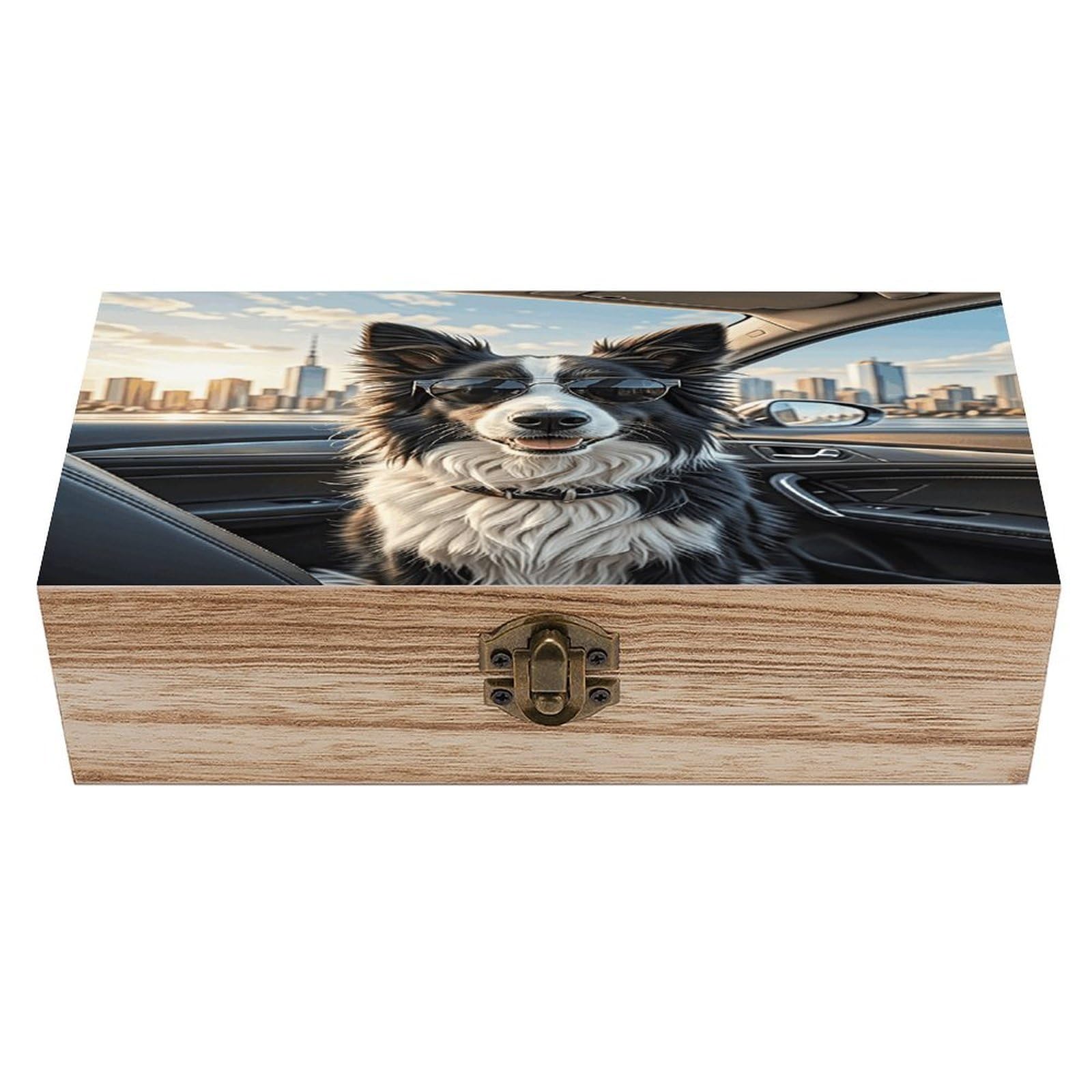 VstaDank Border Collie Dog Wooden Storage Box Decorative Jewelry Case with Lids Exquisite Wood Box Letters Gifts Acacia Wood Boxes Fashion Wooden Keepsake Boxes for Men Women