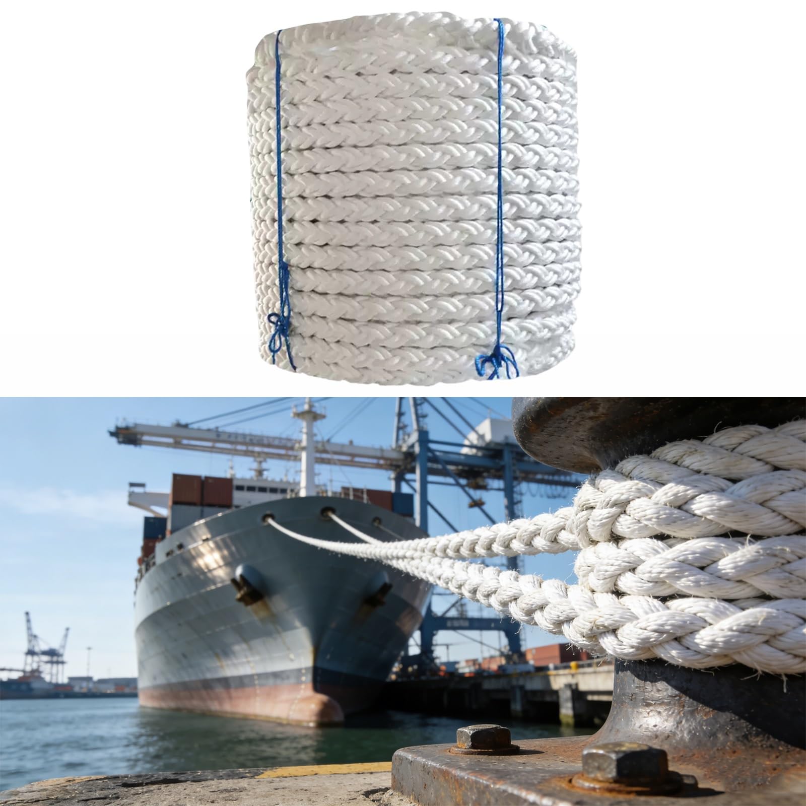 Corde d'ancre de bateau 8 brins nylon blanc résistance rupture 12 à 50 tonnes 10m