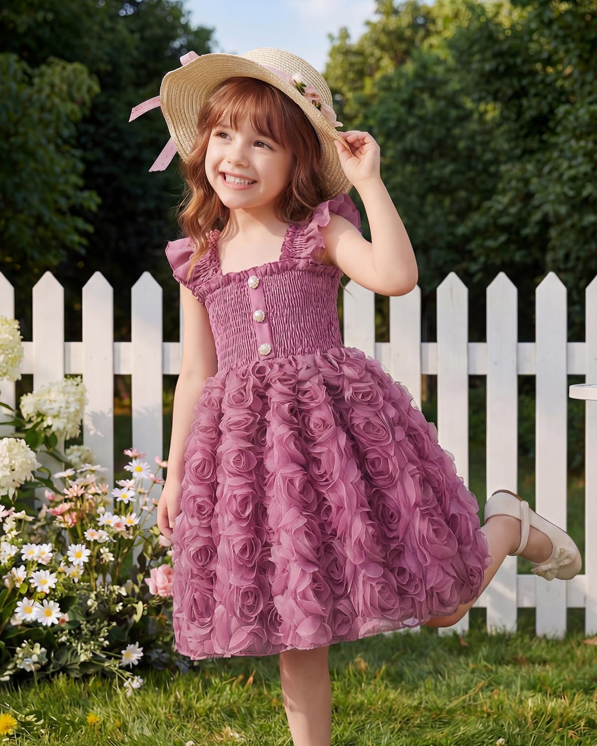 JiAmy Abito da principessa 3D, linea ad A, per bambini, senza maniche, con volant, spalline e vita elasticizzata, in tulle, per compleanno, matrimonio, per 2-8 anni