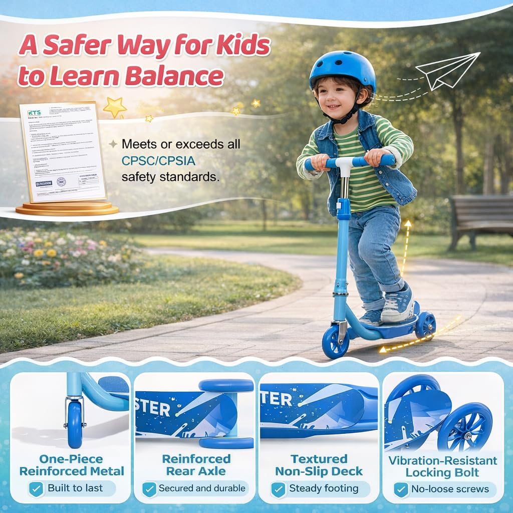 Kick Scooters for Kids 3-5 5-7 Years Age - Handlebars Safe-First Steer,Anti-Slip Deck,Height Adjustable Three Wheeled LED Lighted Up Toddler Scooter for Boy & Girl, Indoor Outdoor Kid Child Toy Gift Blue