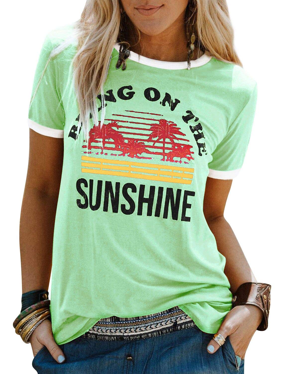 WIEIYM T-Shirt Damen Bring On The Sunshine Tshirt Sommer Lässig Tee Shirt Rundhals Kurzarm T-Shirts Brief Gedruckt Bluse Tops S-XXL