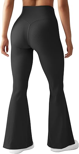 Miniatura 3 de RUUHEE Pantalones de yoga cruzados acanalados para mujer con bolsillos, cintura alta, acampanados, leggings acampanados