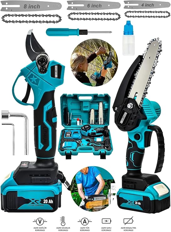 2 Li Set 128 Vf 10 Ah Çift Akülü Bakır Sargı Çelik Şanzuman Şarjlı Dal Ağaç Kesme Bağ Budama Makası