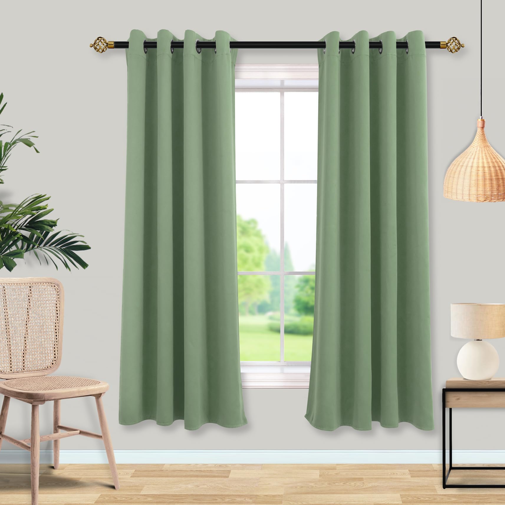Mrs.Naturall Sage Green Curtains 63 Inch Length for Bedroom,Blackout Black Out Curtains Drapes 63 Inch Long 2 Panels Set