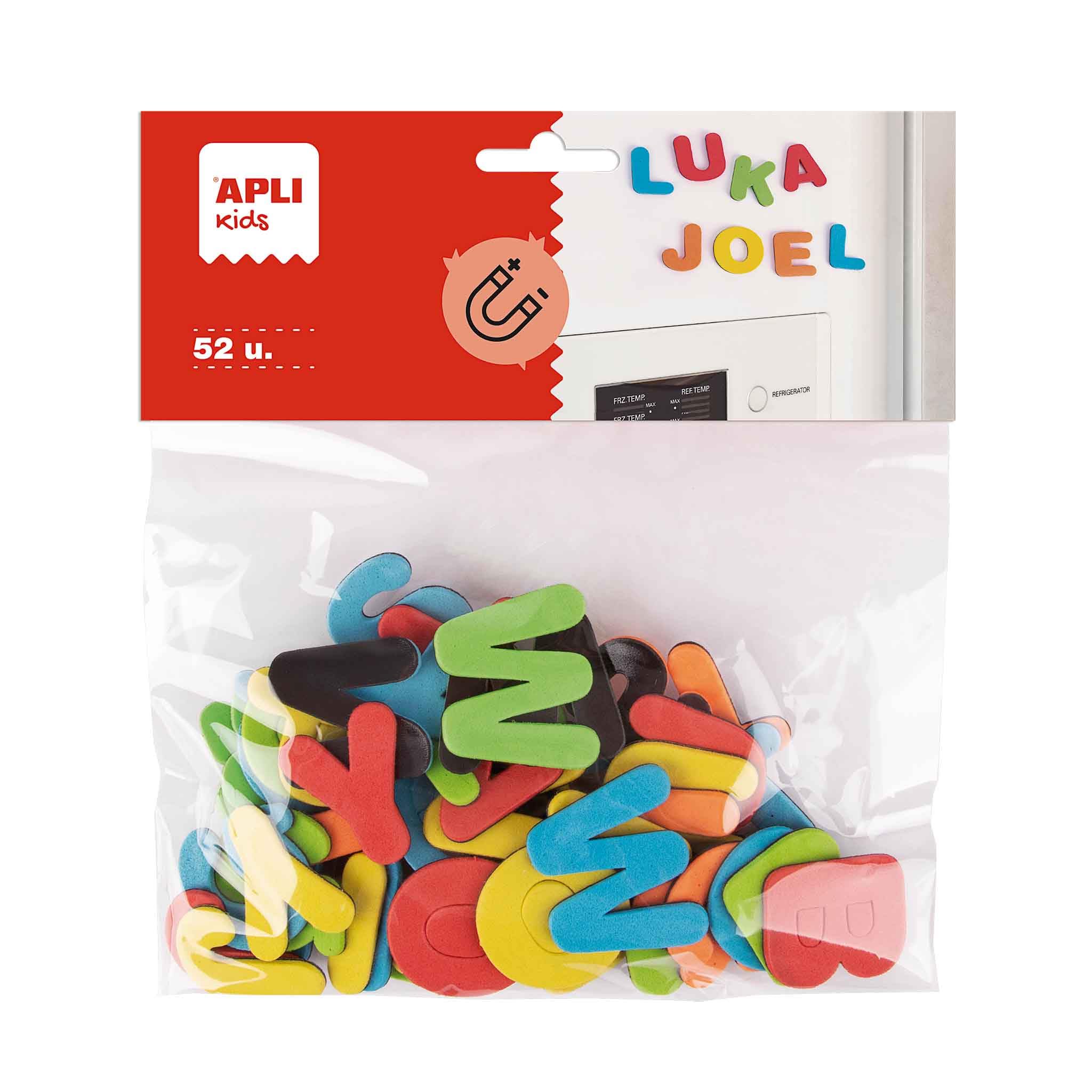 APLI Kids 19370 – Bag of 52 Magnetic Letters EVA Foam Assorted Colours, Set Kids Magnetic Alphabet 52 EVA Magnets
