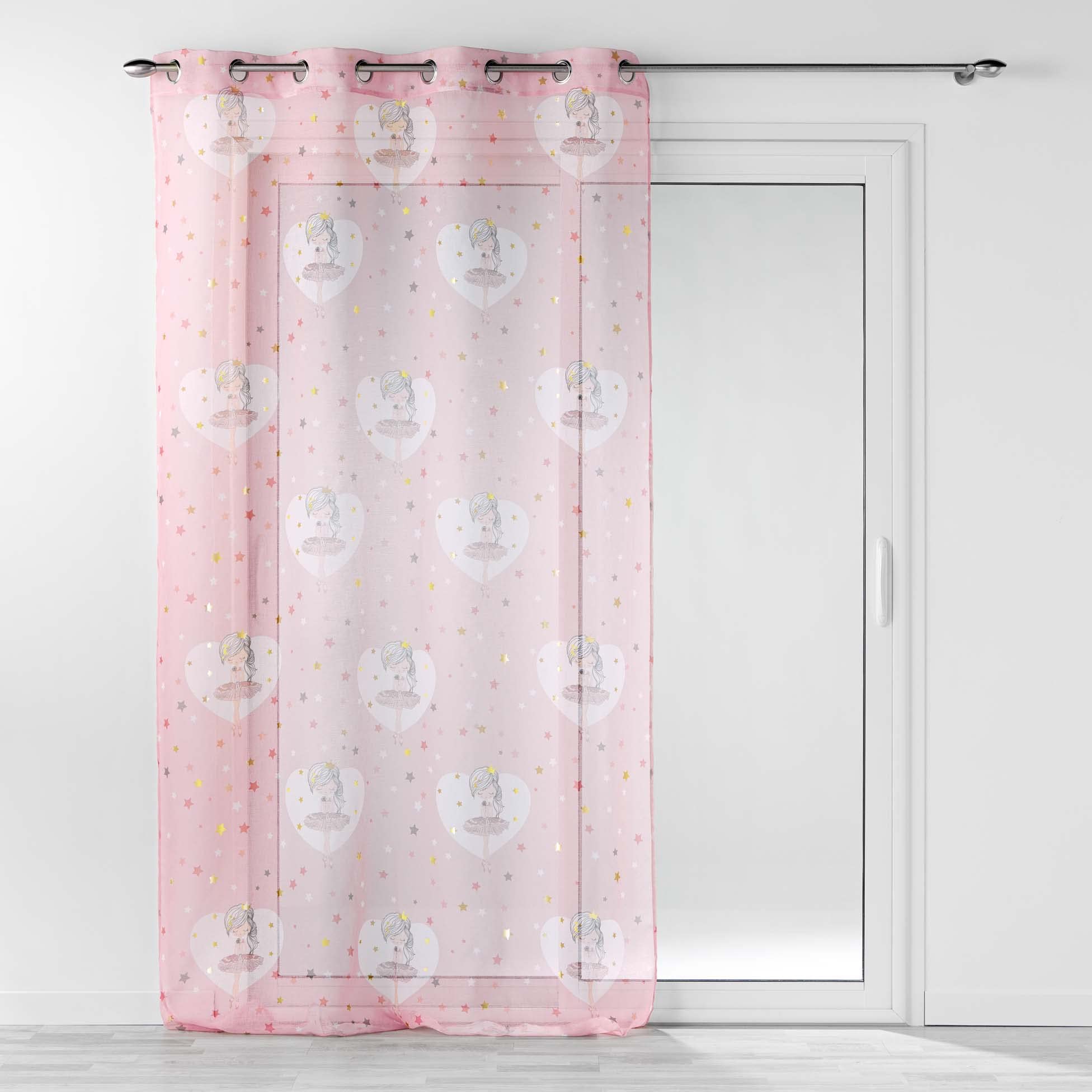 Douceur d'Intérieur, Voilage à Oeillets (140 x 240 cm) Petite Etoile Rose, Voile Sablé Imprimé Métallisé