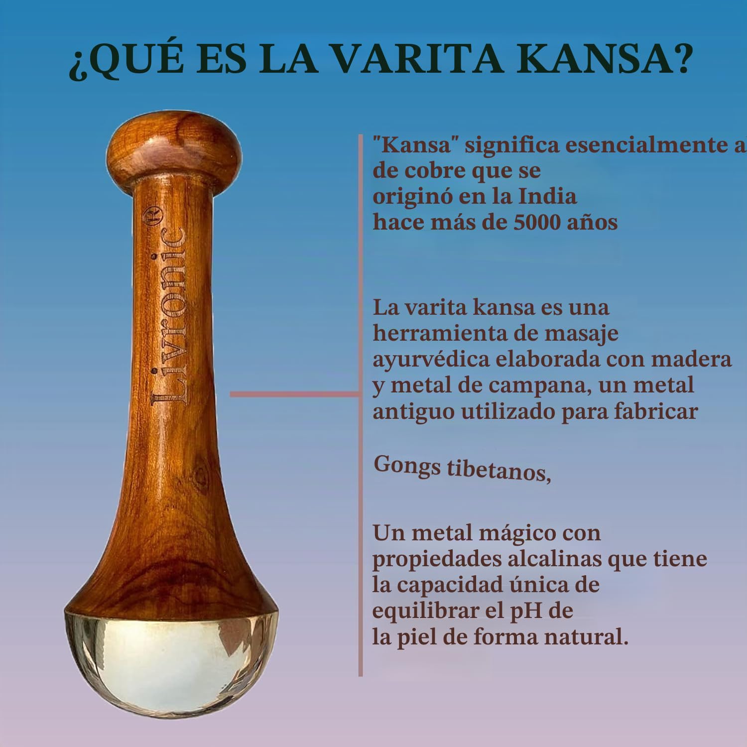 Livronic Varita Kansa para cara, cuerpo y pies con mango de madera de teca, varita pequeña Kansa con tapa de bronce para relajación profunda, 4,5 cm, marrón natural