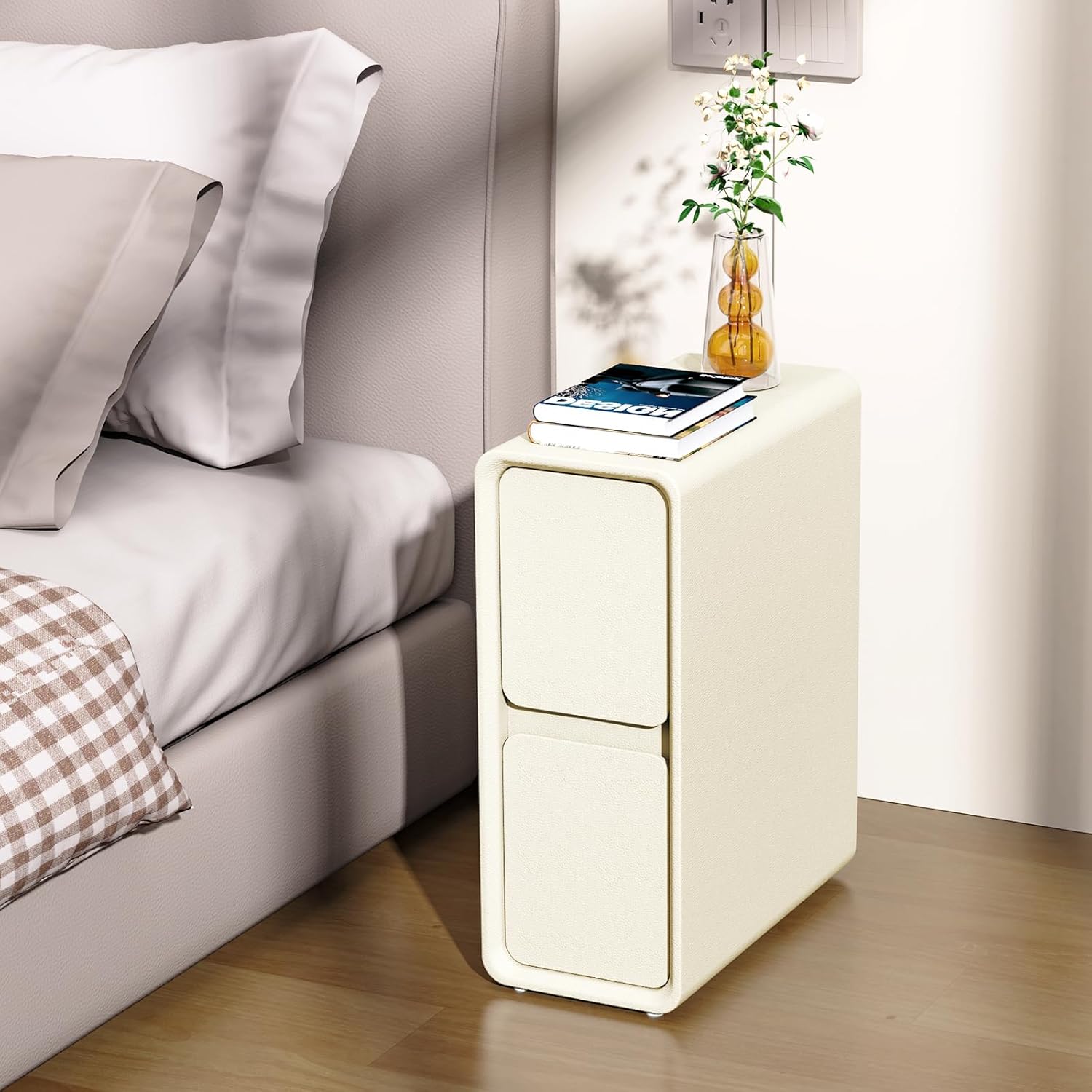 VICITON Modern Narrow Faux Leather Nightstand, Solid Wood Drawer, Storage Accent Table, Small Side End Table for Bedroom (Cream White, Narrow) Narrow Cream White