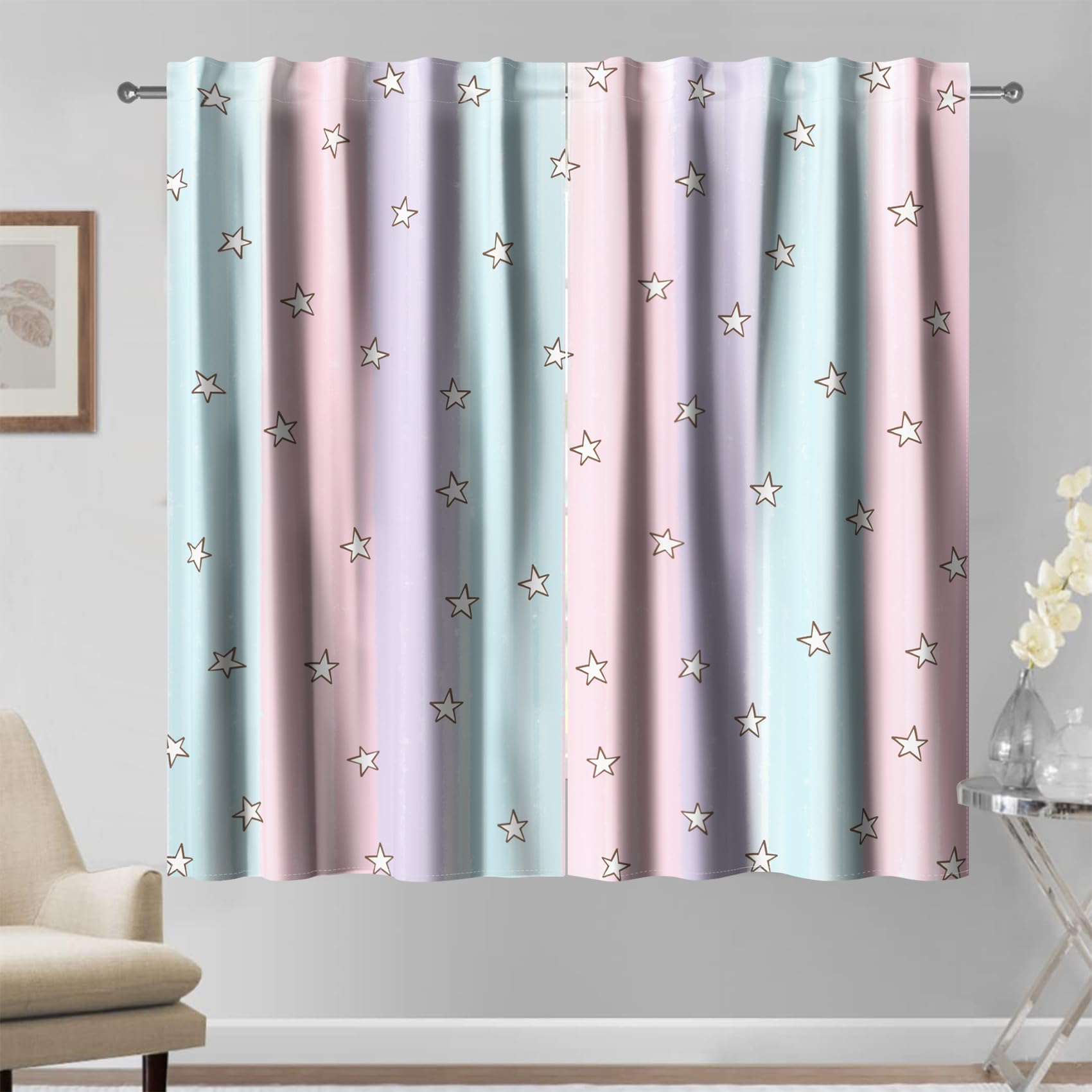 135x229cm Tende a Stelle Arcobaleno 2 Pannelli, Blu Rosa Viola Colore Giunto Eleganti Drappeggiate da Sogno per Ragazze Camera da Letto Soggiorno