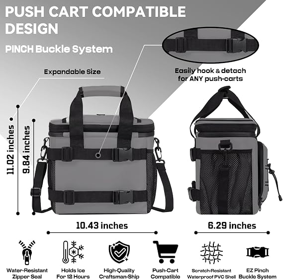 MORXPLOR Golf Cart Cooler with Magnetic Lid,12-Can Insulated Soft Cooler Bag with 3 Ice Packs,and Multi-Pockets for Accessories,Fits on Golf Push Cart with Adjustable Shoulder Strap