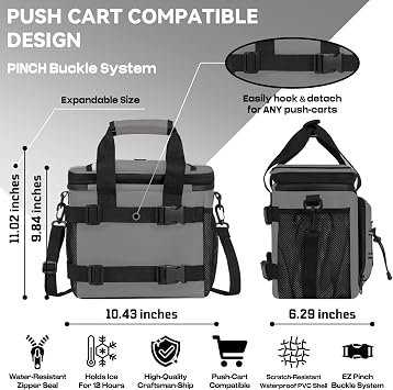 MORXPLOR Golf Cart Cooler with Magnetic Lid,12-Can Insulated Soft Cooler Bag with 3 Ice Packs,and Multi-Pockets for Accessories,Fits on Golf Push Cart with Adjustable Shoulder Strap