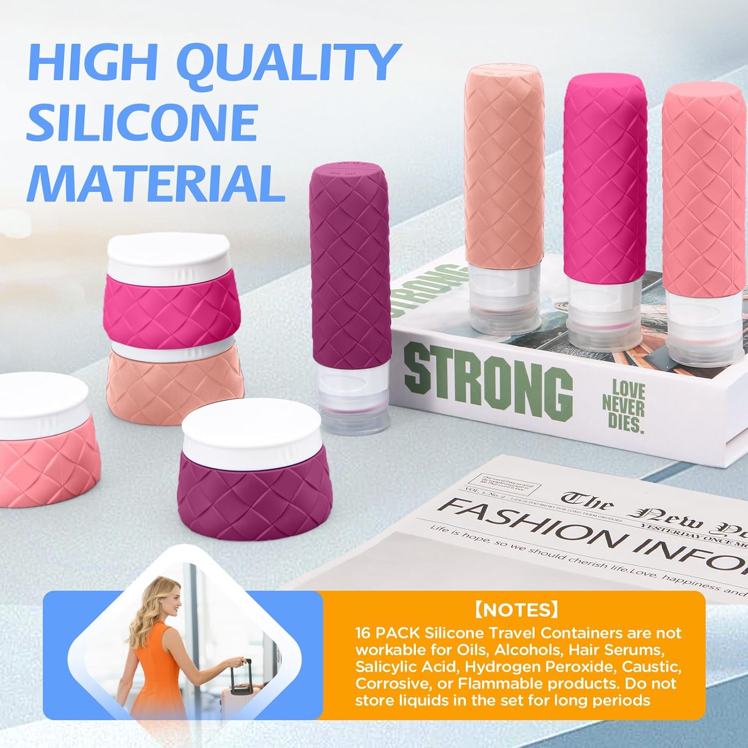 16 Pack Travel Bottles for Toiletries, TSA Approved Travel Size Toiletries Containers Set BPA-Free Silicone Leak Proof Refillable Bottles Stackable Creams Jars Accessories Kit W/Clear Bag Purplish Red - Image 6