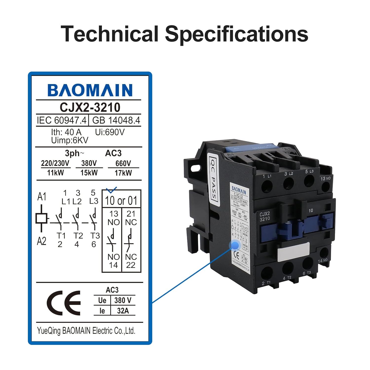 Baomain 3-Pole DC Contactor CJX2-3210 – 24VDC Coil, 3NO+1NO Auxiliary, 660V 3-Phase, DIN Rail Mount