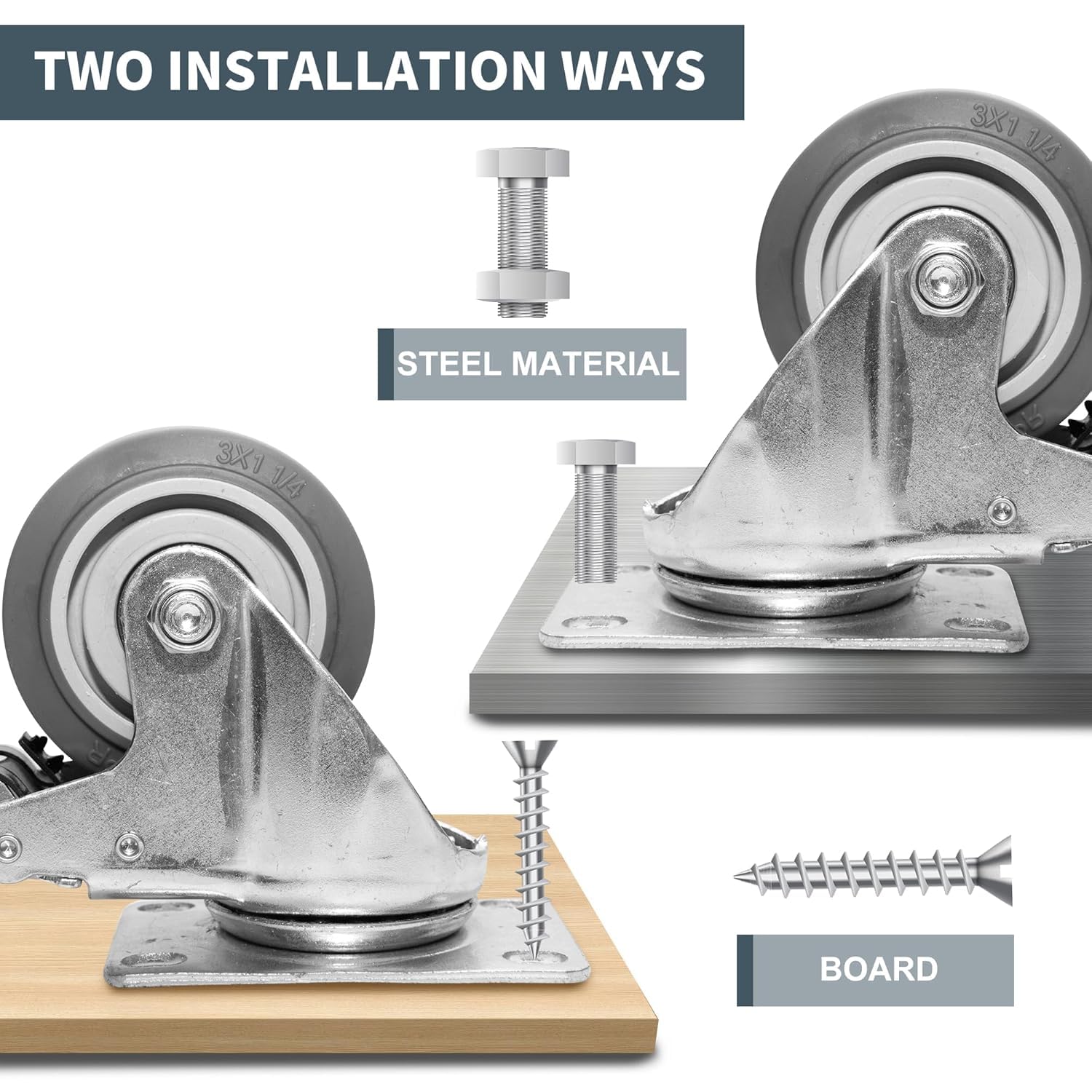 TONKI 5" Heavy Duty Quiet Caster Wheels Set (4-Pack) - 2 Locking Swivel + 2 Rigid Casters, 500LB Capacity Each, TPR Silent Tread & Steel Core, Includes M8 Hex Bolts/Nuts