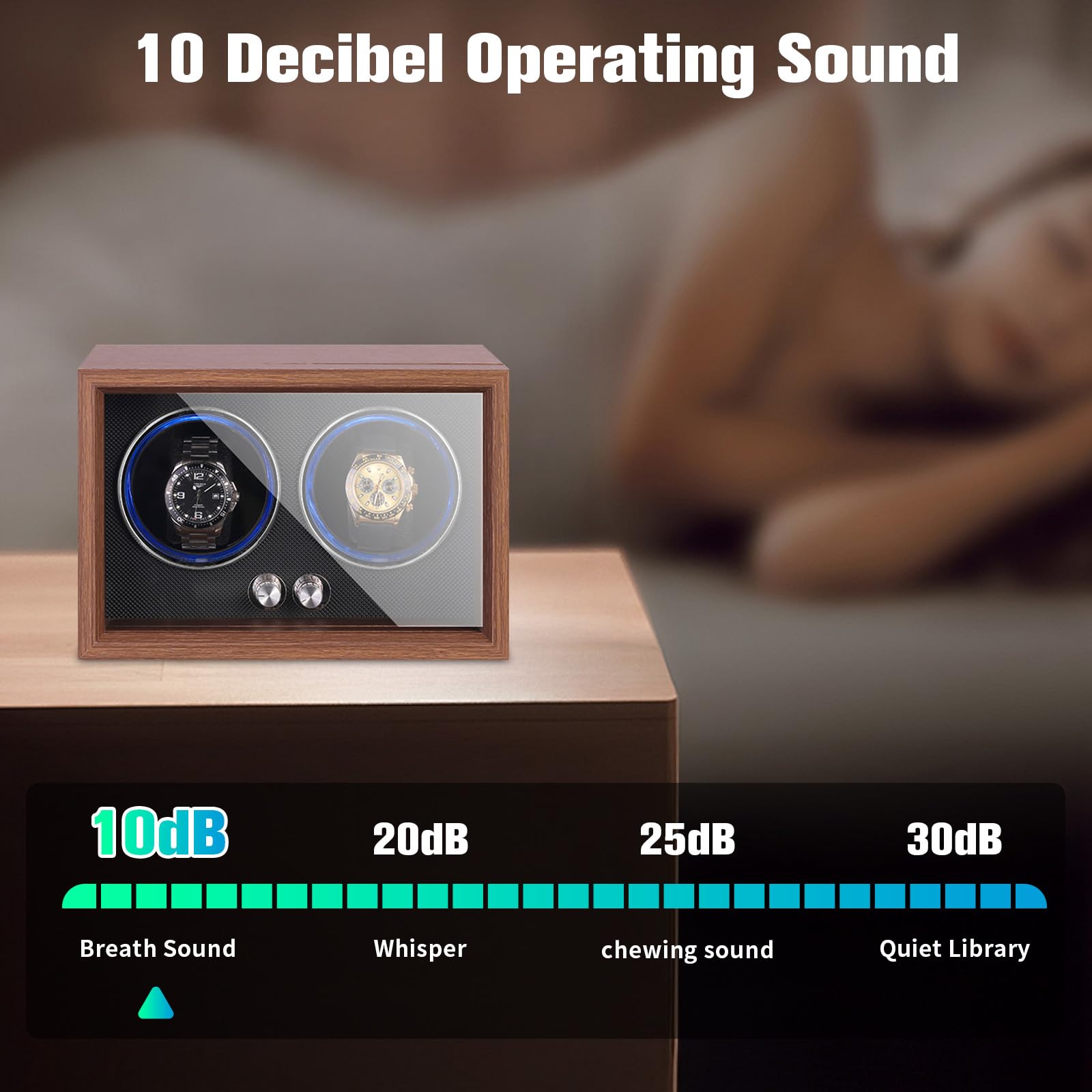 Uhrenbeweger für Automatikuhren, Dual Uhrenbeweger Box, 4-Rotationsmodus Einstellung, mit leisem Motor und Blaue LEDs