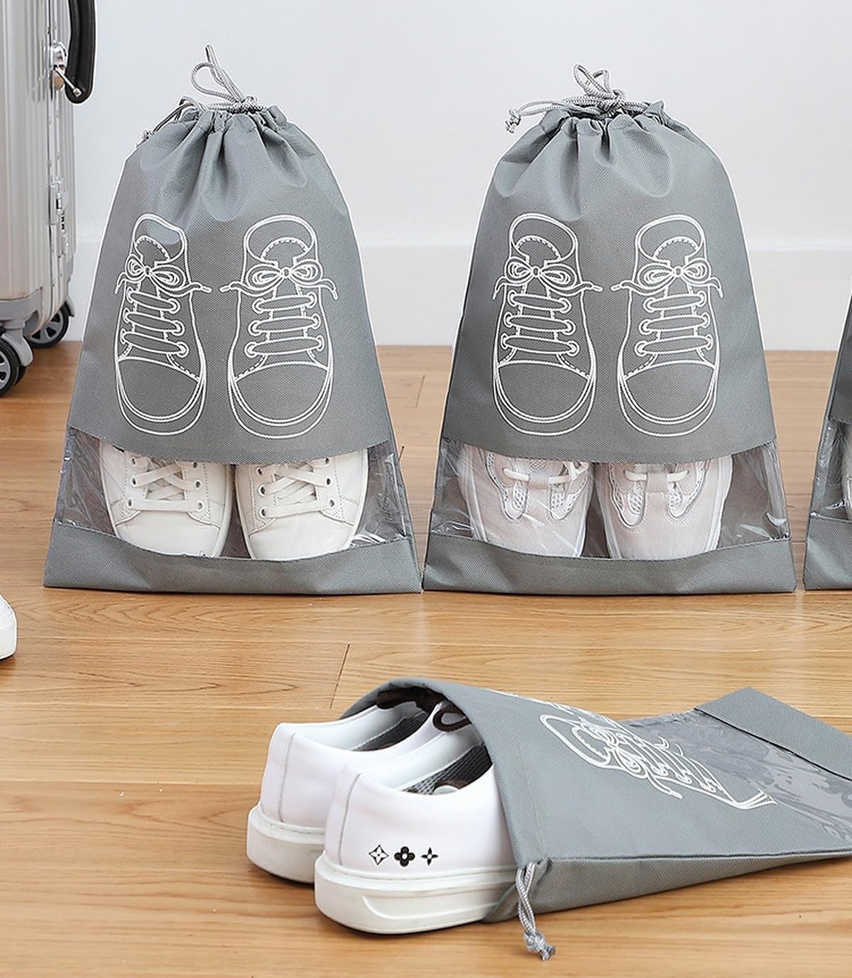 Non-Woven Shoe Bags Pouches Travel Cover for Shoe Storage & Travelling Drawstring Bags Dust Cover Grey (Pack of 5)