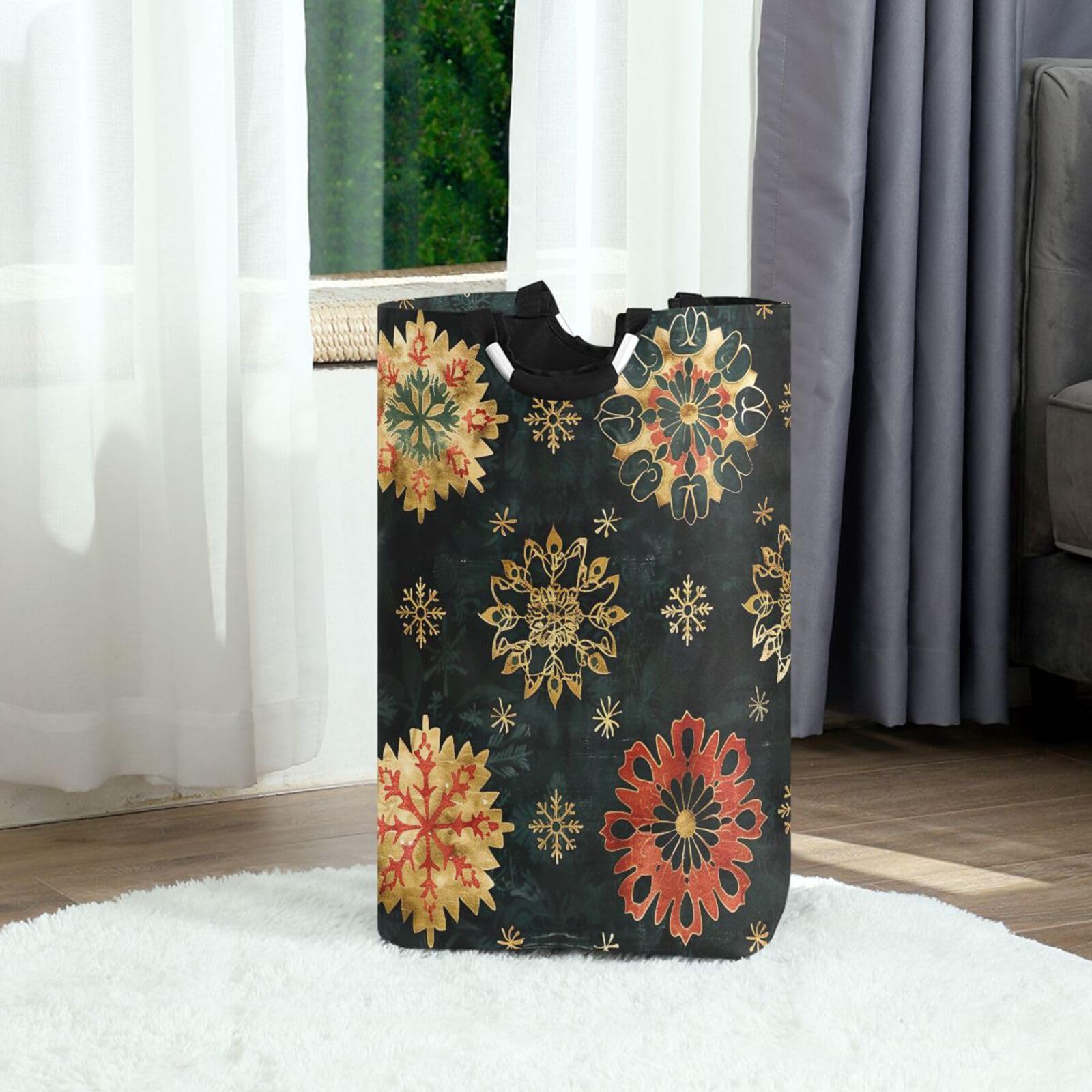 Jihqo Laundry Hamper Basket Christmas Snowflake Collapsible Nursery Storage Bin Waterproof Clothing Baskets for Home Bedroom Bathroom Washing Room