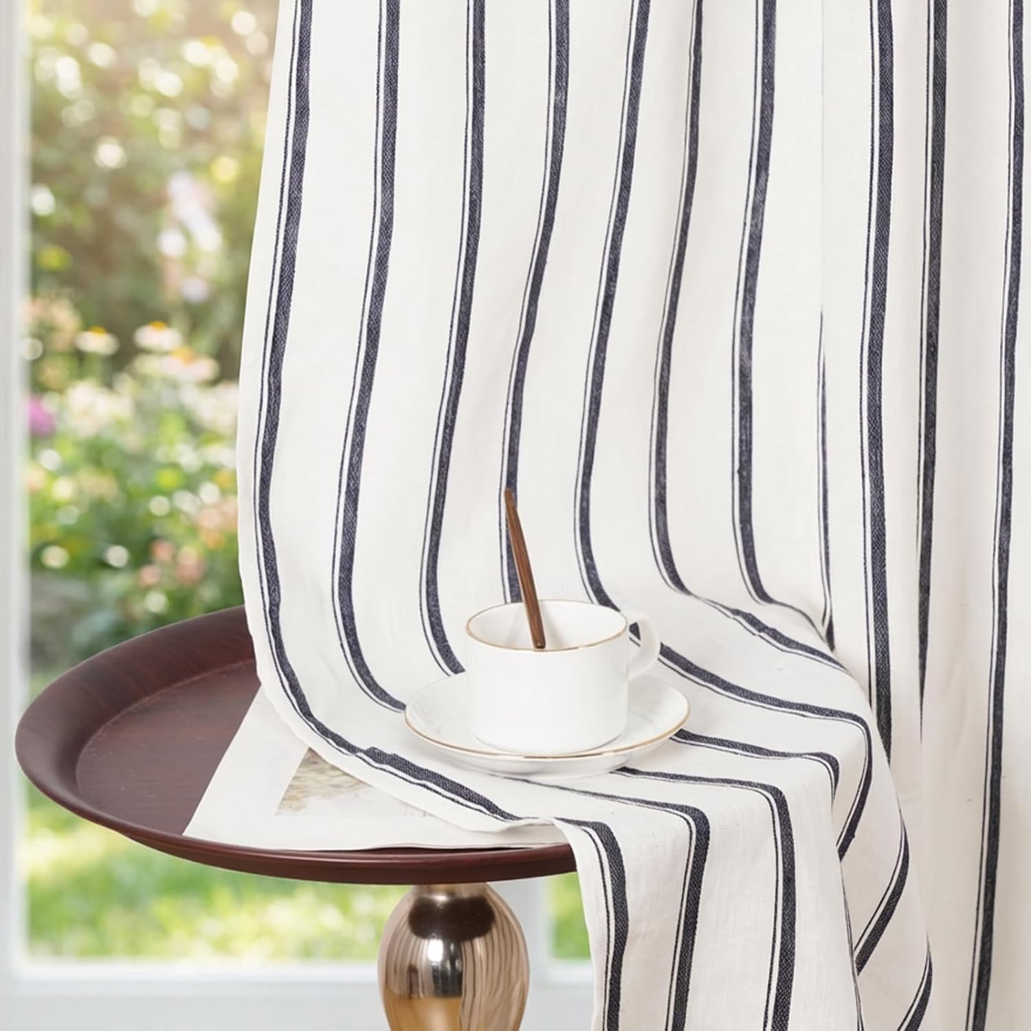 100% Linen Striped Curtains for Living Room, 52 x 84 Inch Rod Pocket Window Curtain for Sliding Glass Door Bedroom Dining Room 1 Panel, Green