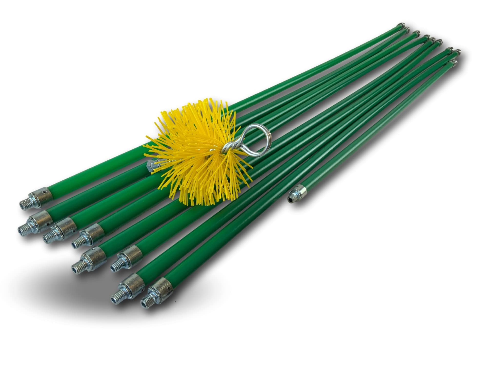 Kit profesional de limpieza para conductos revestidos | Cepillo sintético | Ø 125 mm | 12 m con 9 varillas autobloqueantes Ø 18 mm huecas | Resorte de inicio | Chimeneas | Kibros 5KIT125NLO
