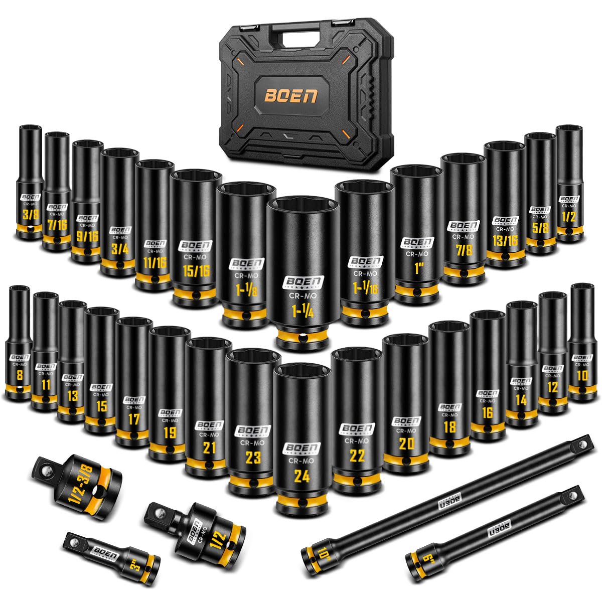1/2'' Drive Impact Socket Set, 35PCS SAE (3/8 to 1-1/4 inch) and Metric (8mm-24mm), Deep…