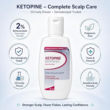 Ketoconazole 2% Anti-Dandruff Treatment Shampoo, 60ml | Anti-fungal - Dermatologically Tested | Clinically Proven to Treat & Prevent Dandruff, Itchy, Flaky, Dry Scalp, Inflammation | Reduces Hair Loss