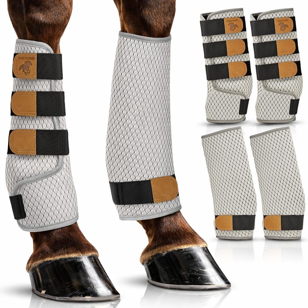 Premium Horse Fly Boots for Horses Set of 4 Protective and Comfortable Fly Boots for Large Breeds Soft Polyester Bamboo Lining Adjustable Horse Leg Wraps (4 Pack)