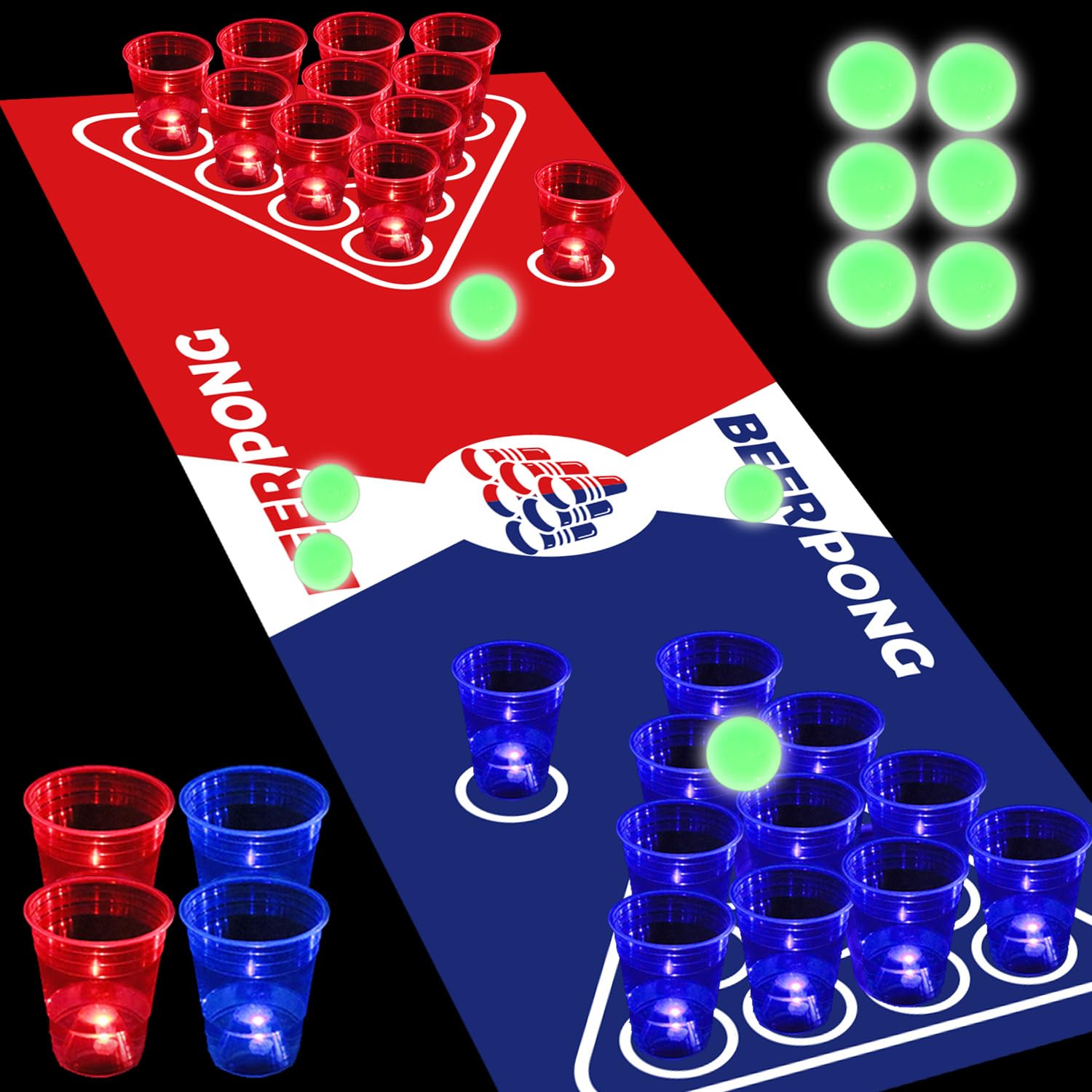 Set De Beer Pong Lumineux 71x58 Cm – Tapis, Gobelets LED Rouges/bleus Et Balles Phospho – Soirée Entre Potes