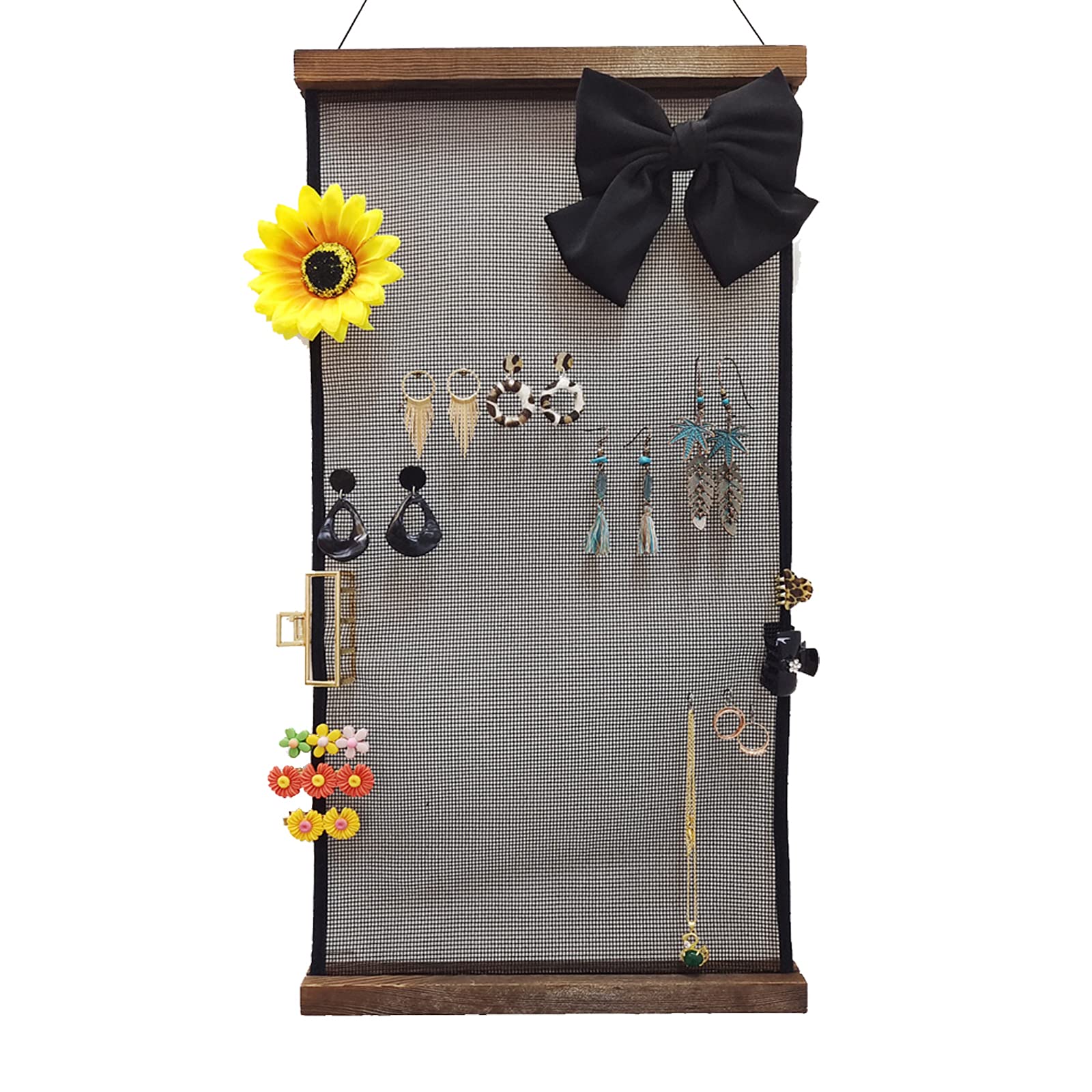 FielegenFielegen Hanging Earring Display Jewelry Organizer Wall Mount Earring Holder Wood Hanging Jewelry Organizer with Sunflower Hair Clip for Women Girls Stud Earrings, Necklaces, Hair Bands