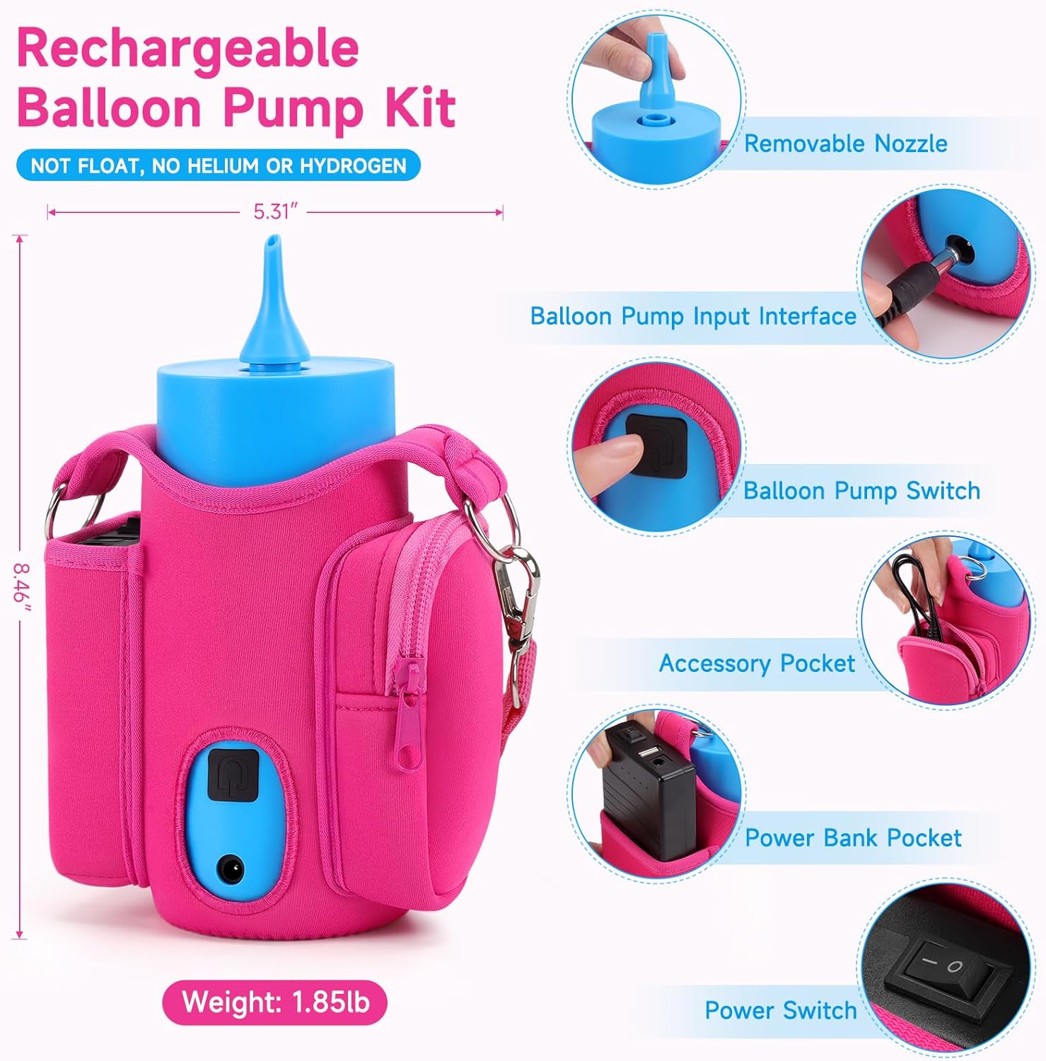 Rechargeable Balloon Pump, Portable Cordless Balloon Inflator with Carry Bag, Shoulder Strap & Tie Tool, Battery Operated Balloon Pump for Latex & Foil Balloons, Birthday Baby Shower Party Decorations